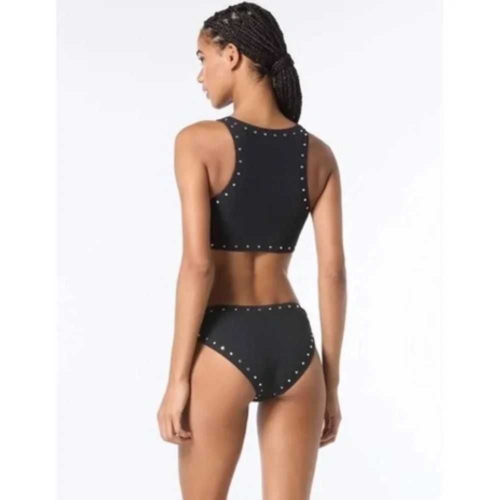 NWT Michael Kors Bikini Top Womens Black Studded O-Ring High Neck Crepe S $100